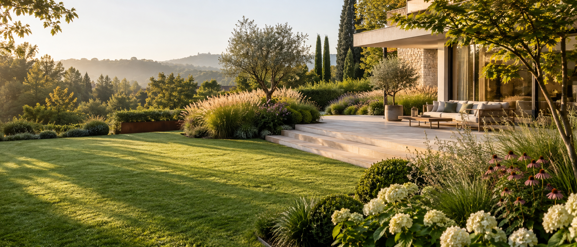 Hochwertig gestalteter Garten mit Naturstein und üppiger Bepflanzung